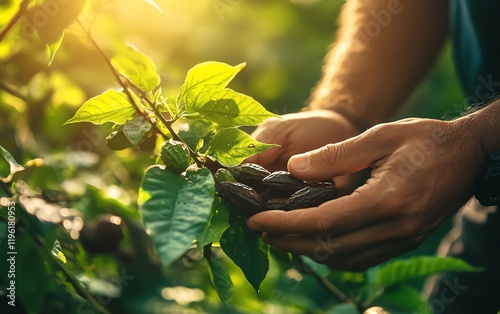 Closeup of a man s hands gently collecting cocoa pods from the tree photo