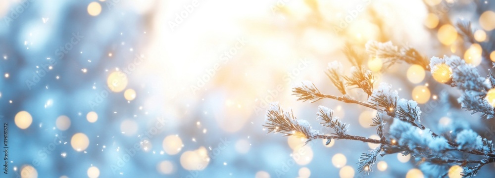Naklejka premium Winter Wonderland: Snow-Covered Pine Branches with Festive Lights