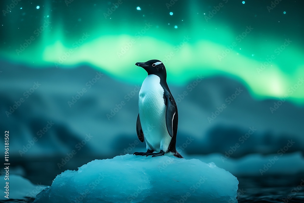 Fototapeta premium Penguin Under Aurora Australis