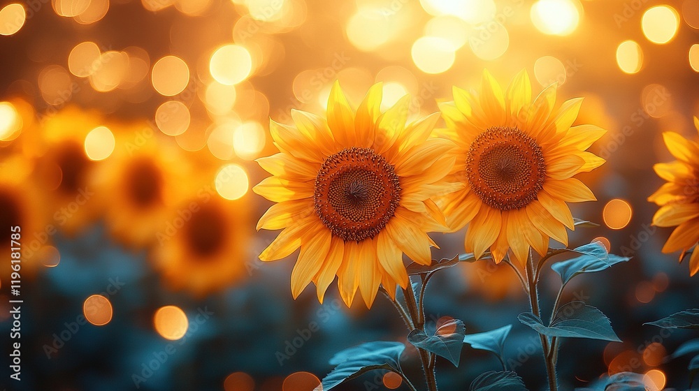 Fototapeta premium A vibrant close-up of sunflowers against a soft, glowing background, evoking warmth and tranquility.