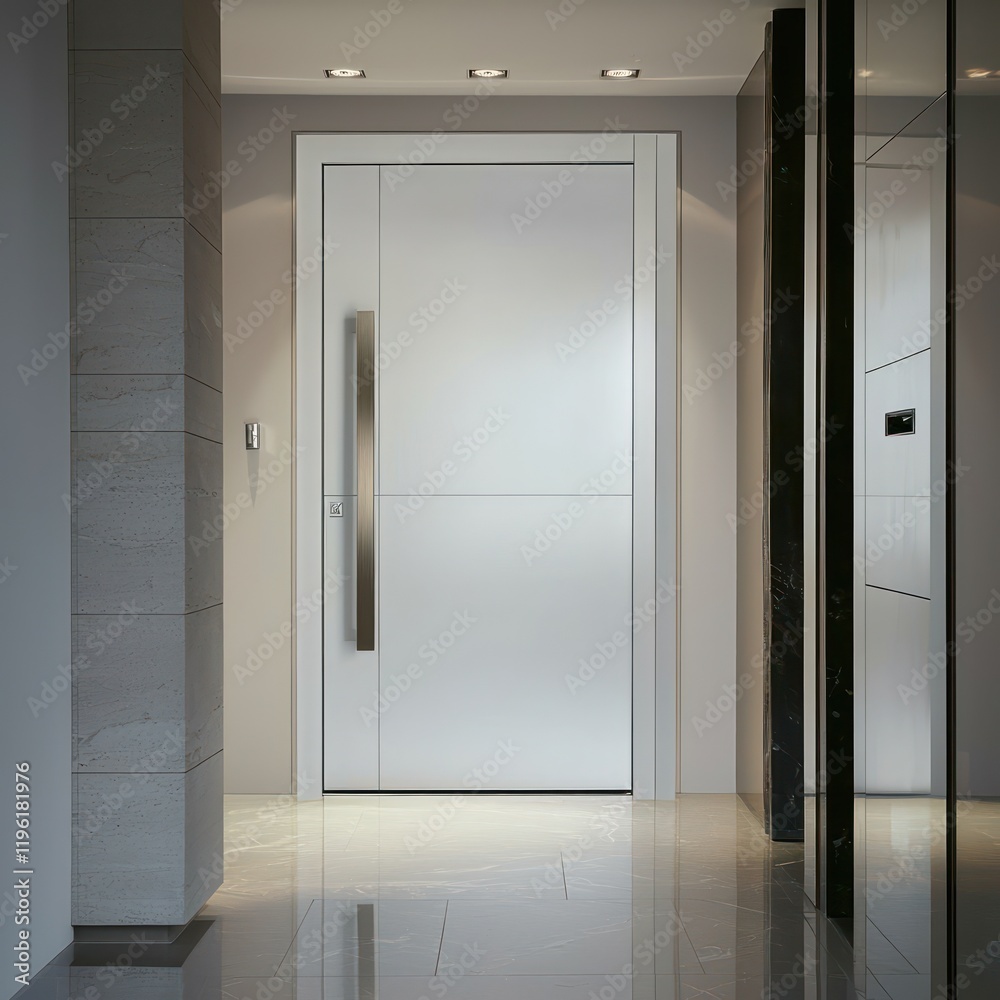 Minimalist white door, bold handle, subtle lines. Minimalist white door, bold handle, subtle lines.