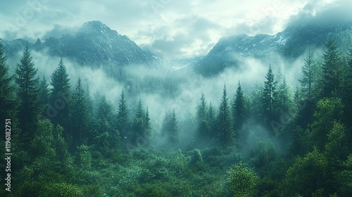 A serene forest landscape with misty mountains and dense greenery, evoking tranquility and natural beauty.