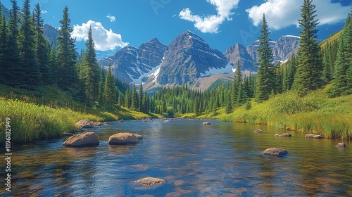 A serene river flows through a lush valley, framed by majestic mountains and dotted with vibrant greenery.