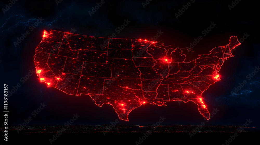 Obraz premium Glowing Red Map of the United States at Night, USA, America, lights, cities, country