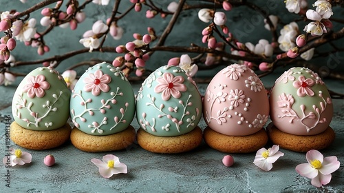 Decorative Easter eggs adorned with floral designs, placed on cookies with blossoms in the background.
