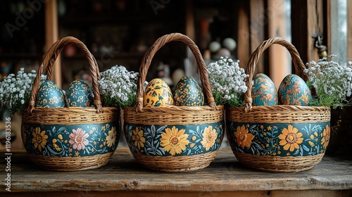 Three decorative baskets filled with colorful Easter eggs and flowers, showcasing a festive spring theme.