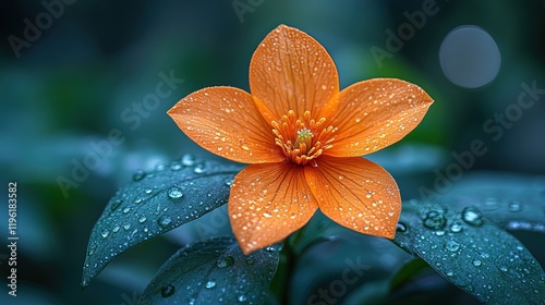 A vibrant orange flower with droplets on its petals, surrounded by lush green leaves, capturing nature's beauty.