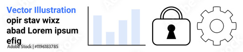Bar graph, lock, and gear alongside text. Key theme involves data analysis, security, and optimization. Ideal for technology, cybersecurity, data management digital marketing business strategy IT