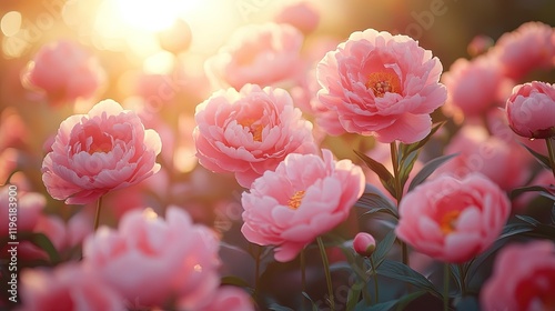 A vibrant field of pink peonies illuminated by soft sunlight, creating a serene and uplifting atmosphere.