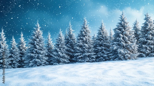 A serene winter landscape featuring snow-covered trees under a starry sky, evoking a peaceful and magical atmosphere.