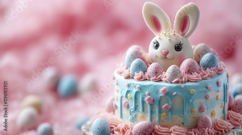 A colorful Easter cake topped with a bunny and decorated with pastel eggs, set against a soft pink background.
