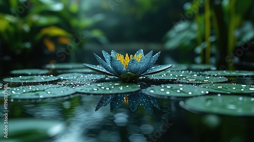 A serene water lily on a tranquil pond, showcasing nature's beauty with droplets glistening on its petals.