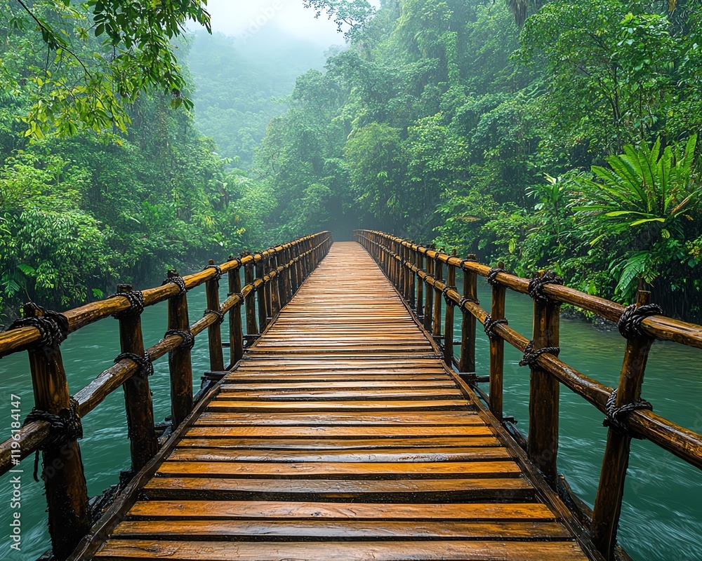 Fototapeta premium Long wooden bridge crossing a clear river in the rainforest, lush green trees and tropical plants on both sides, mist rising off the water, calm and serene natural landscape