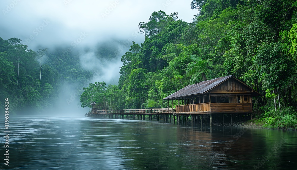 Obraz premium Long wooden bridge stretching across a river in the rainforest
