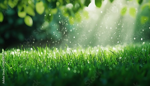 Rain Gently Falls on Lush Green Grass, Revitalizing Nature's Beauty; Serene Tranquility in a Natural Paradise