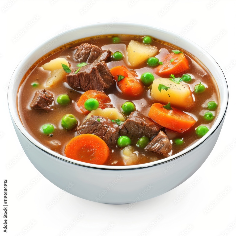 A hearty beef stew with carrots, potatoes, and peas A hearty beef stew with carrots, potatoes, and peas