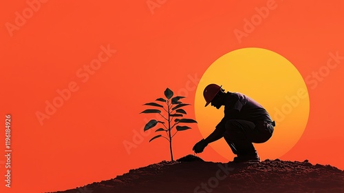 Worker planting sapling sunset reforestation landscape photo