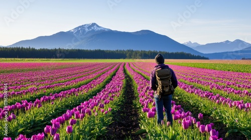 A person stands in a vibrant tulip field with mountains in the background.
