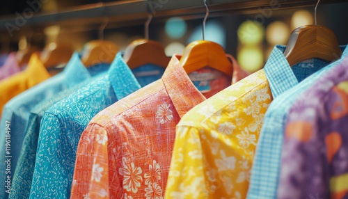 Row of colorful shirts neatly arranged on hangers