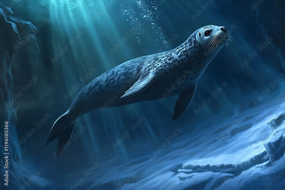 Obraz premium Majestic Seal Underwater: A Digital Painting of a Leopard Seal Gracefully Swimming in the Arctic Ocean's Mystical Depths