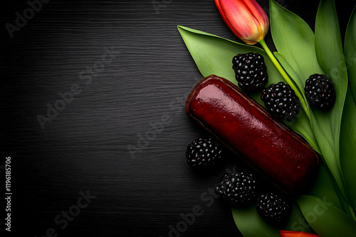 Blackberry Cake with Tulips on Dark Background, blackberries, dessert, sweet, pastry, bakery