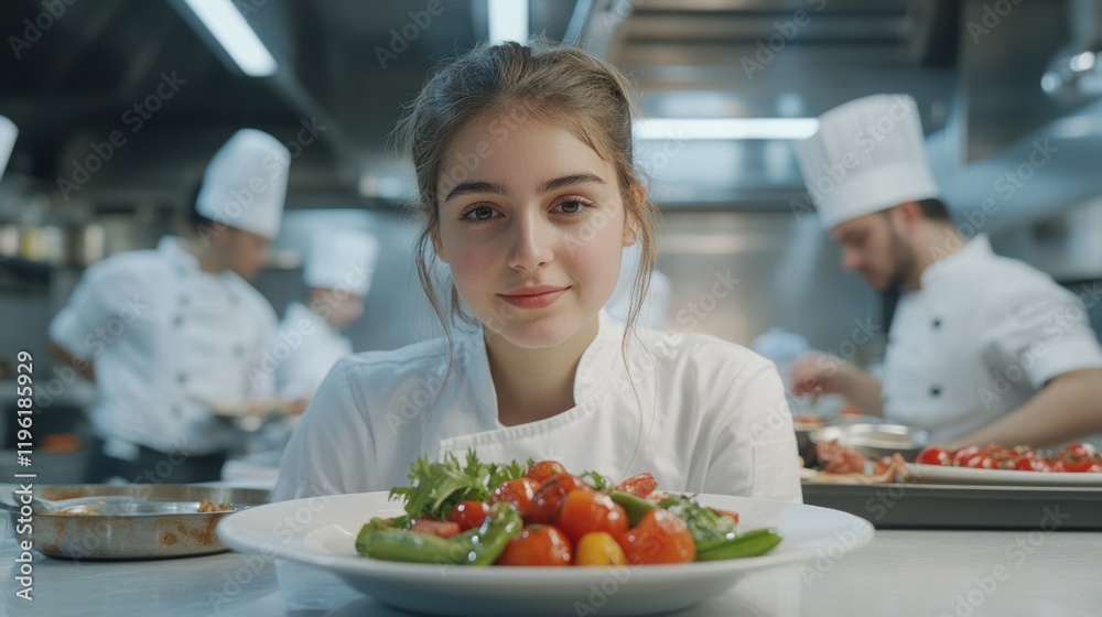 Young female chef presents a delicious-looking salad in a professional kitchen setting. The image captures the pride and skill of culinary artistry. Young female chef presents a delicious-looking salad in a professional kitchen setting. The image captures the pride and skill of culinary artistry.