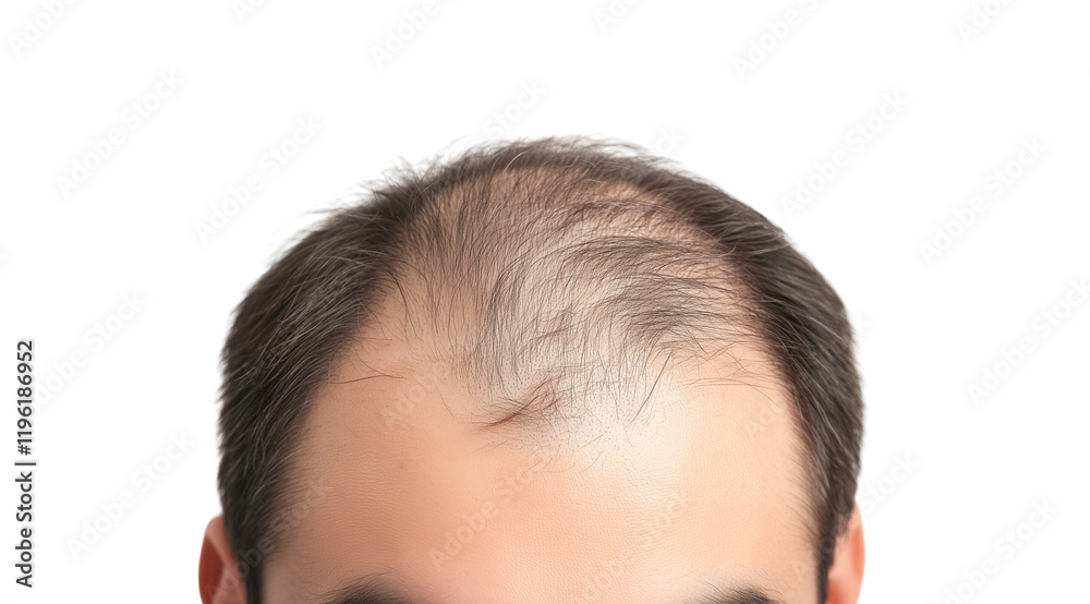 PNG, Hair loss concept, man's head with problem areas of baldness, isolated on white background, generated by Generative AI technology.