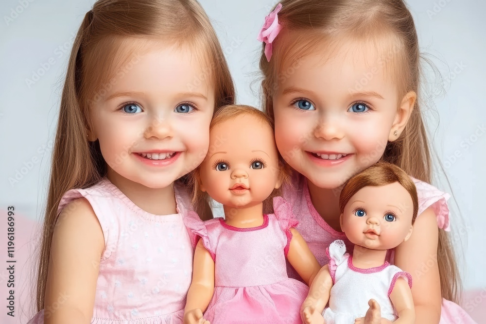 Two young girls with long hair smile while holding dolls, dressed in matching pink outfits, exuding joy and innocence. Two young girls with long hair smile while holding dolls, dressed in matching pink outfits, exuding joy and innocence.