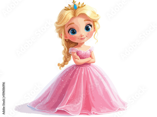  mage of an adorable super cute cartoon full body little princess elsa wearing a sparkly pink ballgown with a gold tiara oversize big eyes beautiful happy smile pink cheeks long blond curls