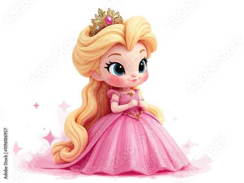  mage of an adorable super cute cartoon full body little princess elsa wearing a sparkly pink ballgown with a gold tiara oversize big eyes beautiful happy smile pink cheeks long blond curls