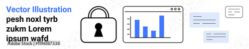 Security lock, bar chart on web browser, and message bubbles convey protection and data analytics. Ideal for cybersecurity, data visualization, privacy, online security, business analytics, digital