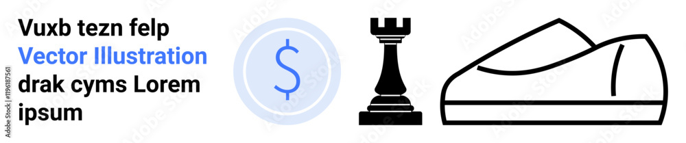 Dollar sign currency symbol, black chess rook, and sleek shoe outline in a minimalist style. Ideal for finance, strategy, fashion, business, modern design, planning, organization. Landing page Dollar sign currency symbol, black chess rook, and sleek shoe outline in a minimalist style. Ideal for finance, strategy, fashion, business, modern design, planning, organization. Landing page