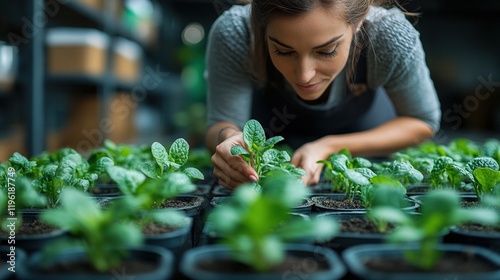 A woman tending to young plants in a greenhouse, showcasing care for gardening and sustainable practices.
