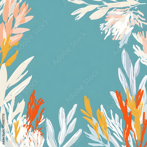 Abstract Floral Border on Teal Background, frame, turquoise, blue, green, design