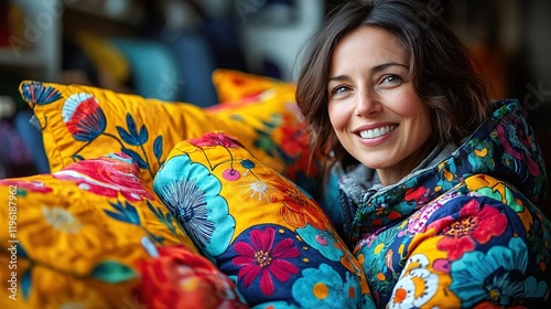 A smiling woman in a colorful floral jacket surrounded by vibrant pillows, exuding warmth and comfort.