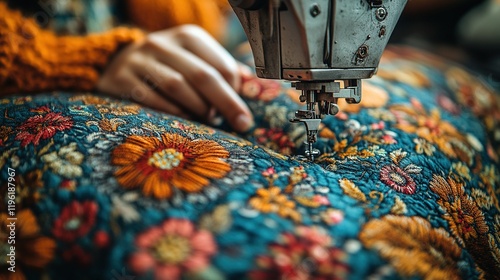 A close-up of a sewing machine stitching vibrant floral fabric, showcasing the art of embroidery and craftsmanship. photo