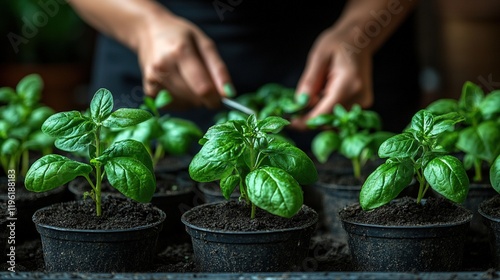 A person tending to young basil plants in small pots, showcasing care for gardening and plant cultivation.