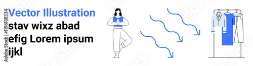 Woman practicing yoga in tree pose, mindful breathing visualization arrows, organized clothes rack. Ideal for mindfulness, mental well-being, yoga, meditation practices, relaxation, organization