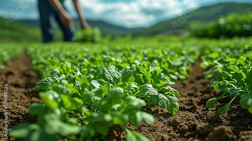 A close-up of lush green plants in a field, with a person tending to the crops in the background.