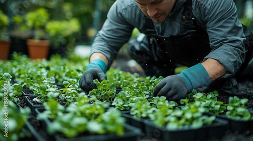 A person tending to young plants in a garden, nurturing growth and cultivating nature.