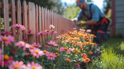 A gardener tending to vibrant flowers near a wooden fence, enhancing the beauty of the landscape.