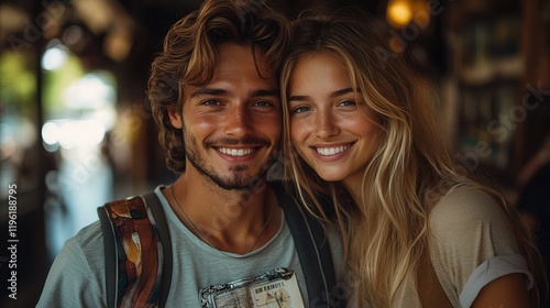 A smiling couple poses together in a cozy, warm setting, exuding joy and friendship.