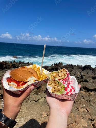 Delicious beachside meal featuring burger and wrap