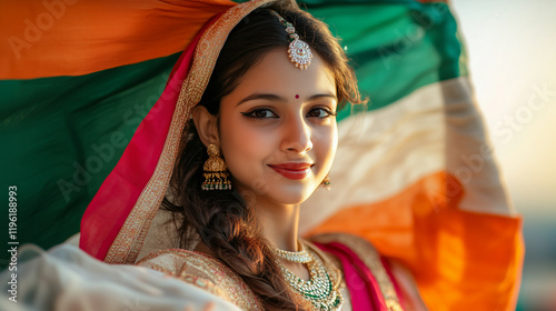 Young Woman Radiates Patriotism Celebrating Independence Day in Traditional Indian Attire, Honoring Heritage and National Pride
 photo