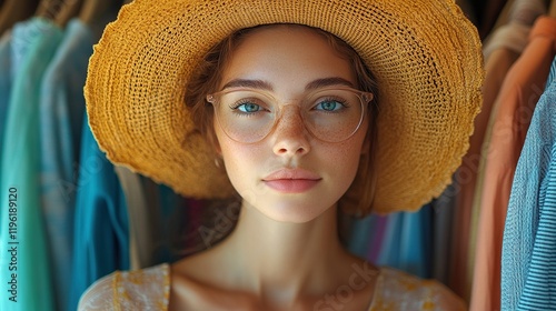 A young woman in a straw hat and glasses poses in front of a colorful clothing rack, exuding a relaxed, stylish vibe.