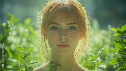 A young woman with red hair stands amidst lush green plants, illuminated by soft light, creating a serene atmosphere.
