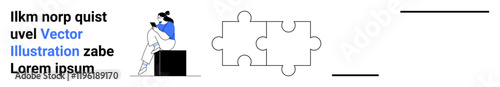 Woman reading on a block next to two lower puzzle pieces, text with word Vector Illustration in blue, and horizontal lines. Ideal for education, problem-solving, analysis, reading, creativity