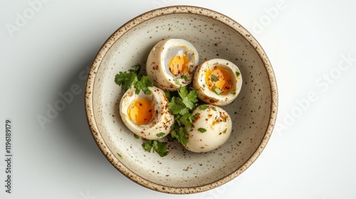 Bird’s-eye view of Philippines’ balut, cracked open to reveal its unique texture, presented on a ceramic plate with herbs, against a clean white backdrop photo