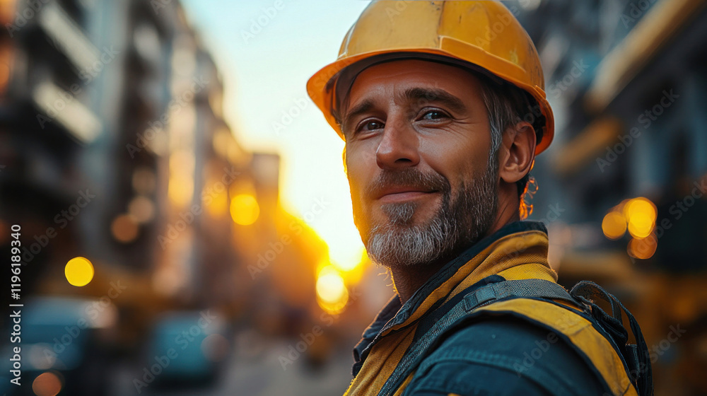 A construction worker standing proudly next to a finished building project under a clear sky A construction worker standing proudly next to a finished building project under a clear sky