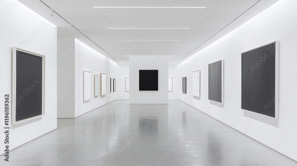 Clean white walls and minimalist frames in an elegantly lit art gallery. Clean white walls and minimalist frames in an elegantly lit art gallery.